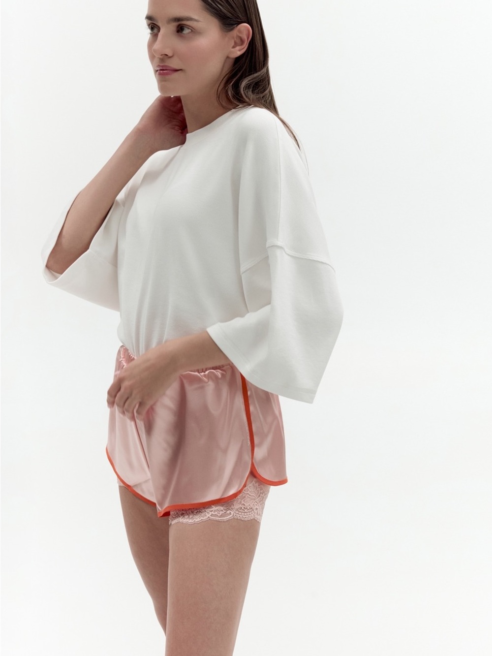 Satin Lace-Trim Sleep Shorts in Light Pink with Orange Piping